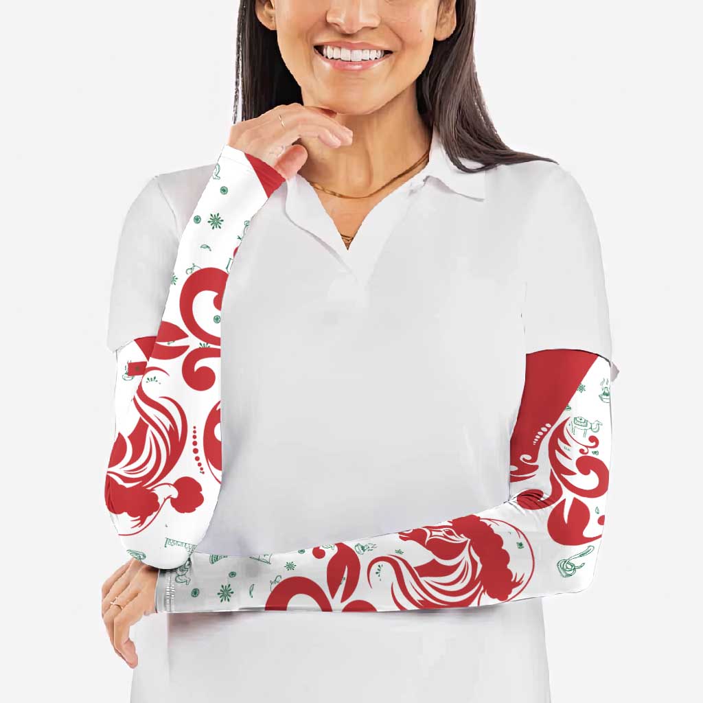 Morocco Christmas Arm Sleeves with Red Horse Santa Hat Arabesque Pattern and Holiday Icons Design - Wonder Print Shop