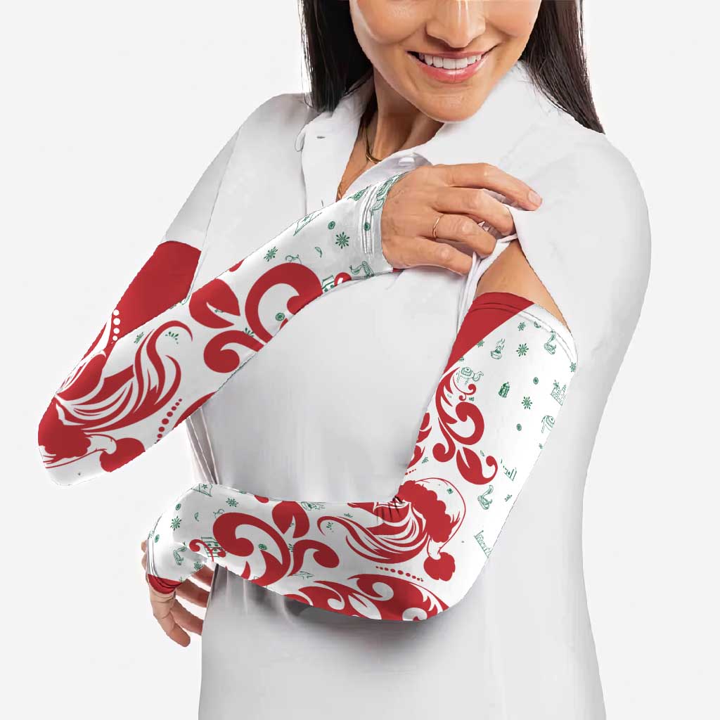 Morocco Christmas Arm Sleeves with Red Horse Santa Hat Arabesque Pattern and Holiday Icons Design - Wonder Print Shop