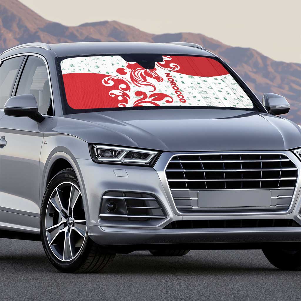 Morocco Christmas Auto Sun Shade with Red Horse Santa Hat Arabesque Pattern and Holiday Icons Design - Wonder Print Shop