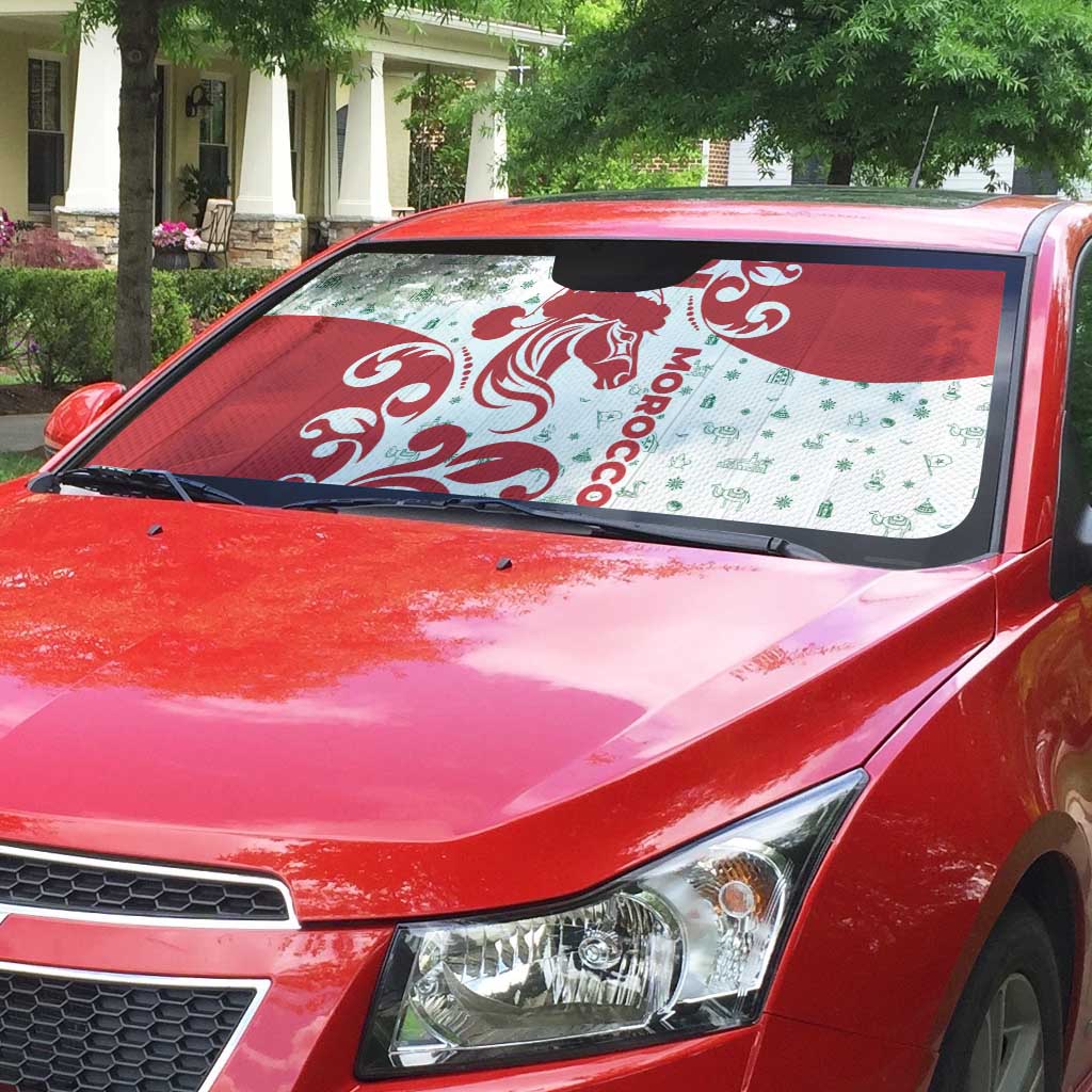 Morocco Christmas Auto Sun Shade with Red Horse Santa Hat Arabesque Pattern and Holiday Icons Design - Wonder Print Shop