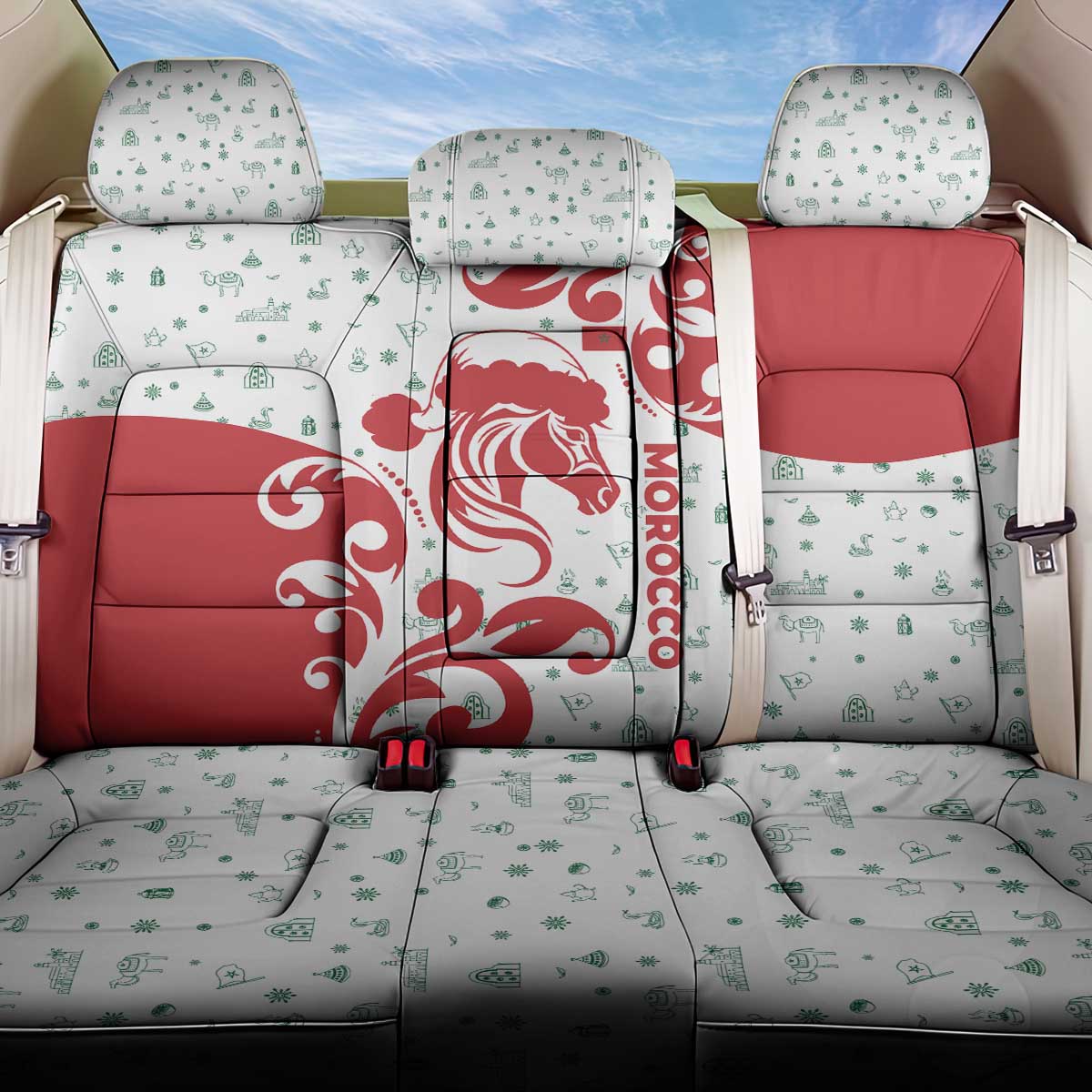 Morocco Christmas Back Car Seat Cover with Red Horse Santa Hat Arabesque Pattern and Holiday Icons Design - Wonder Print Shop