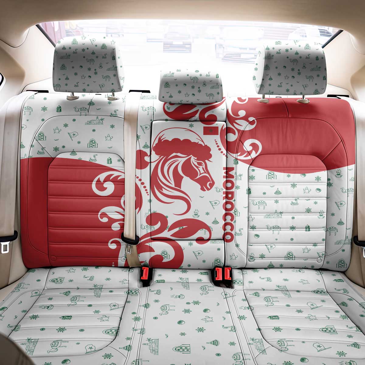 Morocco Christmas Back Car Seat Cover with Red Horse Santa Hat Arabesque Pattern and Holiday Icons Design - Wonder Print Shop