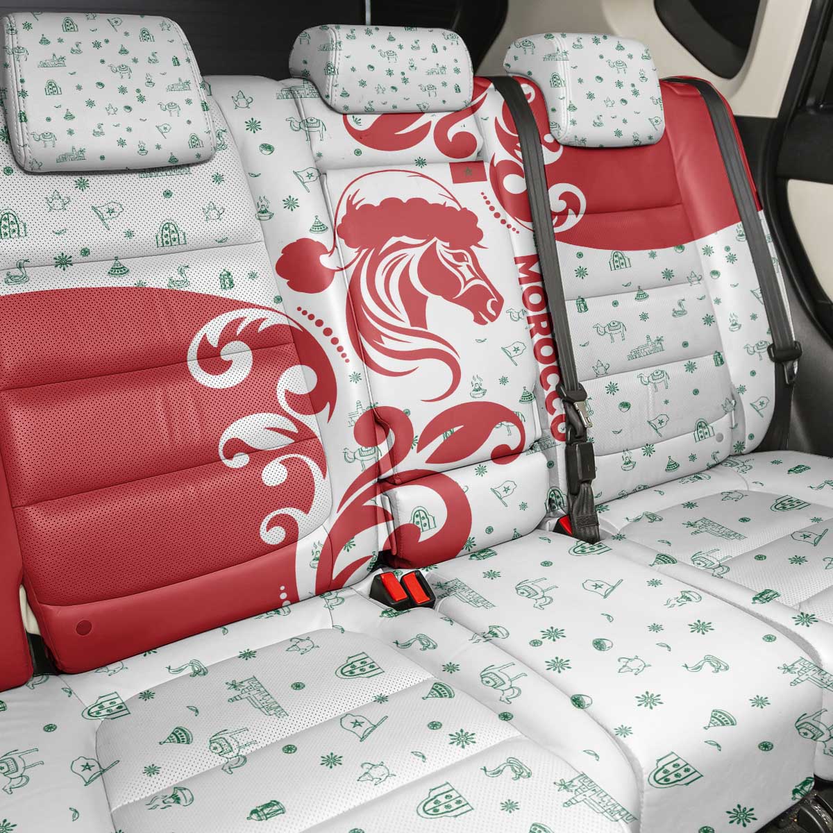 Morocco Christmas Back Car Seat Cover with Red Horse Santa Hat Arabesque Pattern and Holiday Icons Design - Wonder Print Shop
