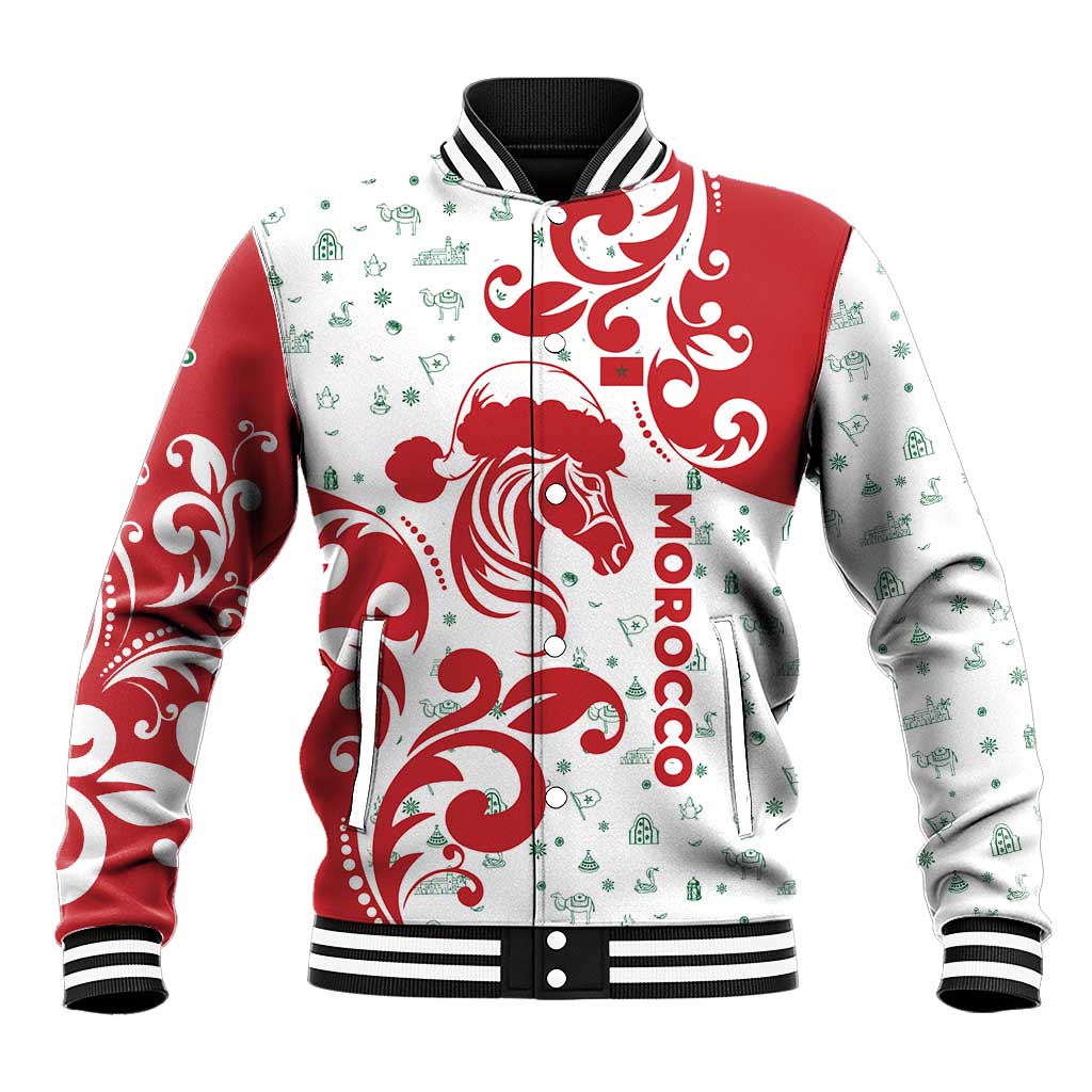 Morocco Christmas Baseball Jacket with Red Horse Santa Hat Arabesque Pattern and Holiday Icons Design - Wonder Print Shop