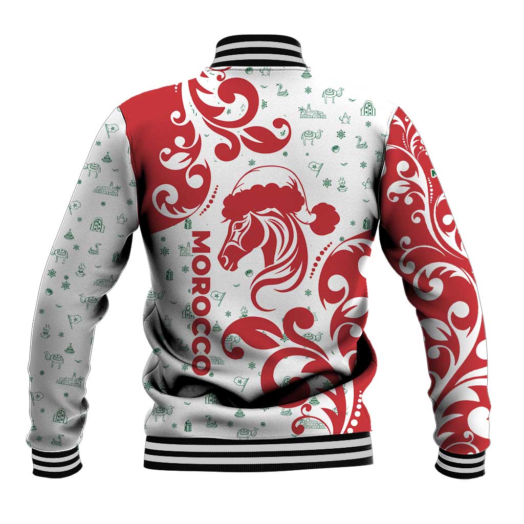 Morocco Christmas Baseball Jacket with Red Horse Santa Hat Arabesque Pattern and Holiday Icons Design - Wonder Print Shop