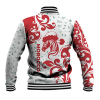 Morocco Christmas Baseball Jacket with Red Horse Santa Hat Arabesque Pattern and Holiday Icons Design - Wonder Print Shop