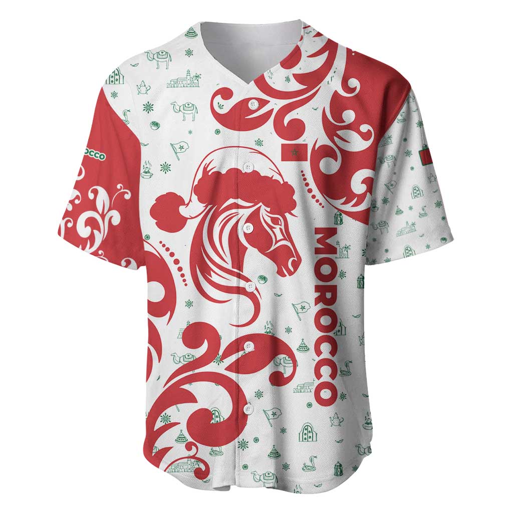 Morocco Christmas Baseball Jersey with Red Horse Santa Hat Arabesque Pattern and Holiday Icons Design - Wonder Print Shop