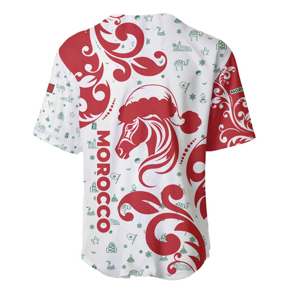 Morocco Christmas Baseball Jersey with Red Horse Santa Hat Arabesque Pattern and Holiday Icons Design - Wonder Print Shop