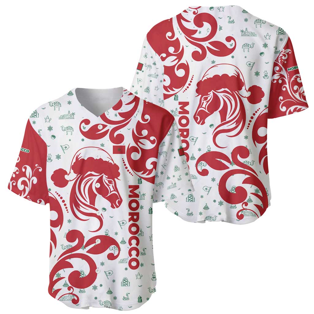 Morocco Christmas Baseball Jersey with Red Horse Santa Hat Arabesque Pattern and Holiday Icons Design - Wonder Print Shop