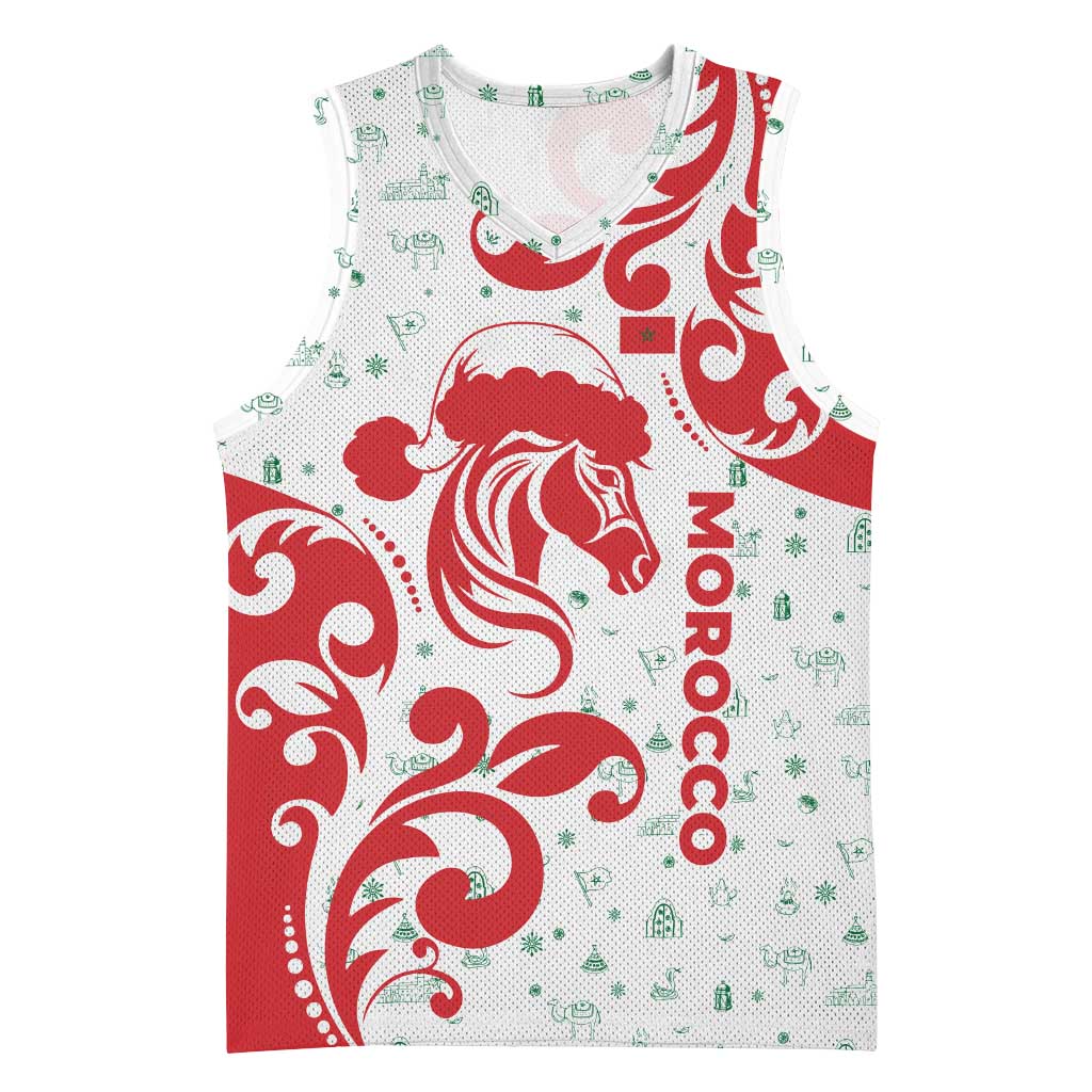 Morocco Christmas Basketball Jersey with Red Horse Santa Hat Arabesque Pattern and Holiday Icons Design - Wonder Print Shop