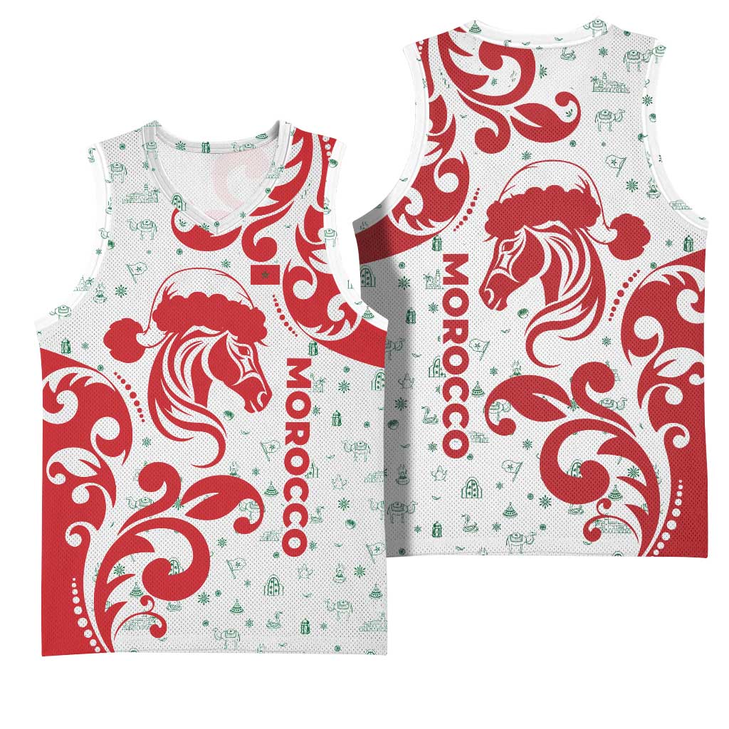 Morocco Christmas Basketball Jersey with Red Horse Santa Hat Arabesque Pattern and Holiday Icons Design - Wonder Print Shop