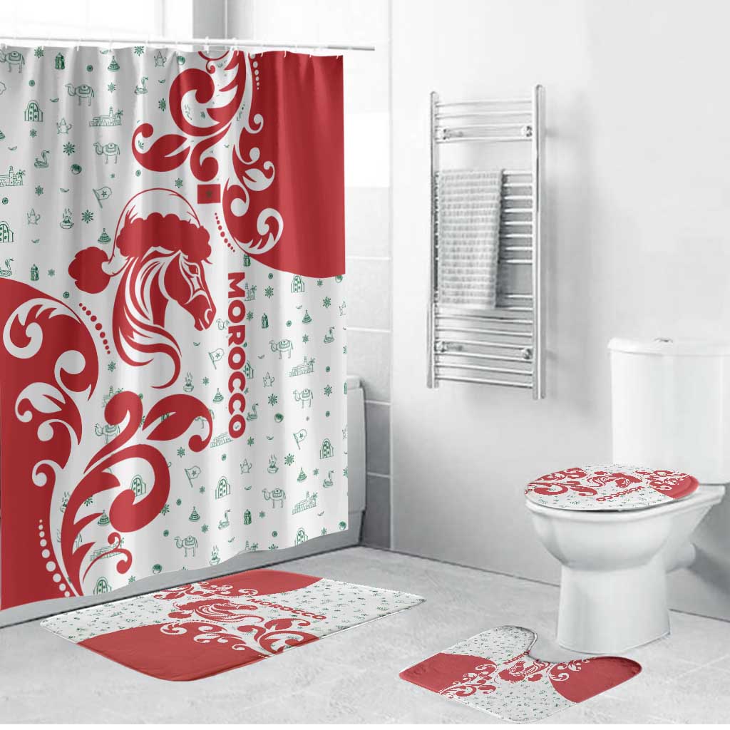 Morocco Christmas Bathroom Set with Red Horse Santa Hat Arabesque Pattern and Holiday Icons Design - Wonder Print Shop