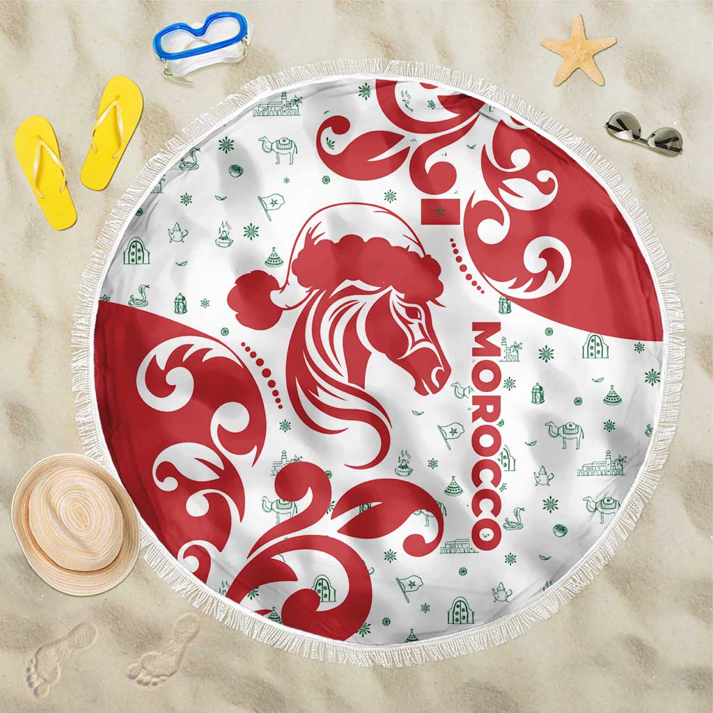 Morocco Christmas Beach Blanket with Red Horse Santa Hat Arabesque Pattern and Holiday Icons Design - Wonder Print Shop