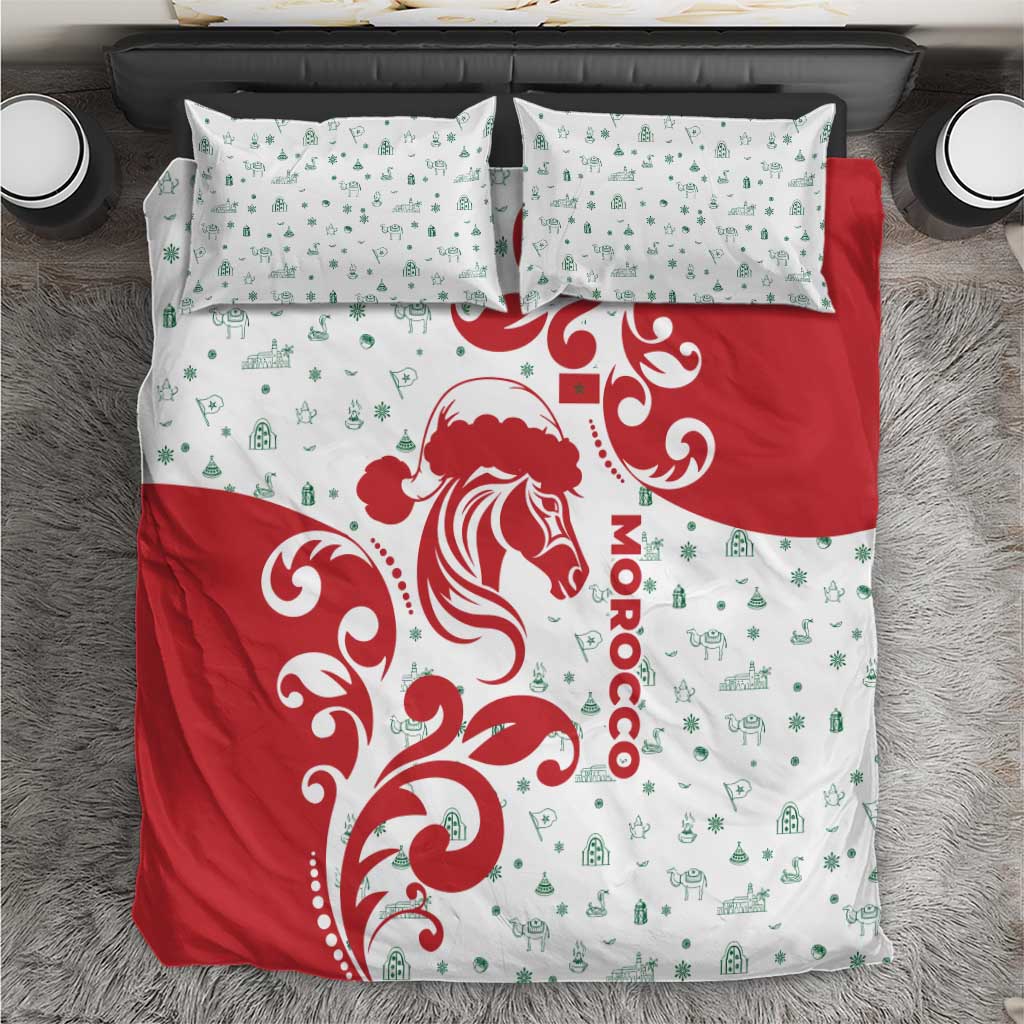 Morocco Christmas Bedding Set with Red Horse Santa Hat Arabesque Pattern and Holiday Icons Design - Wonder Print Shop