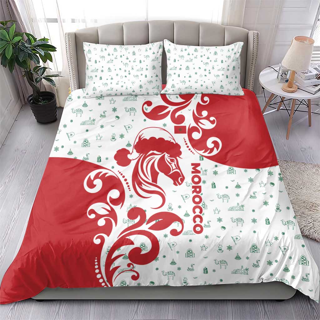 Morocco Christmas Bedding Set with Red Horse Santa Hat Arabesque Pattern and Holiday Icons Design - Wonder Print Shop