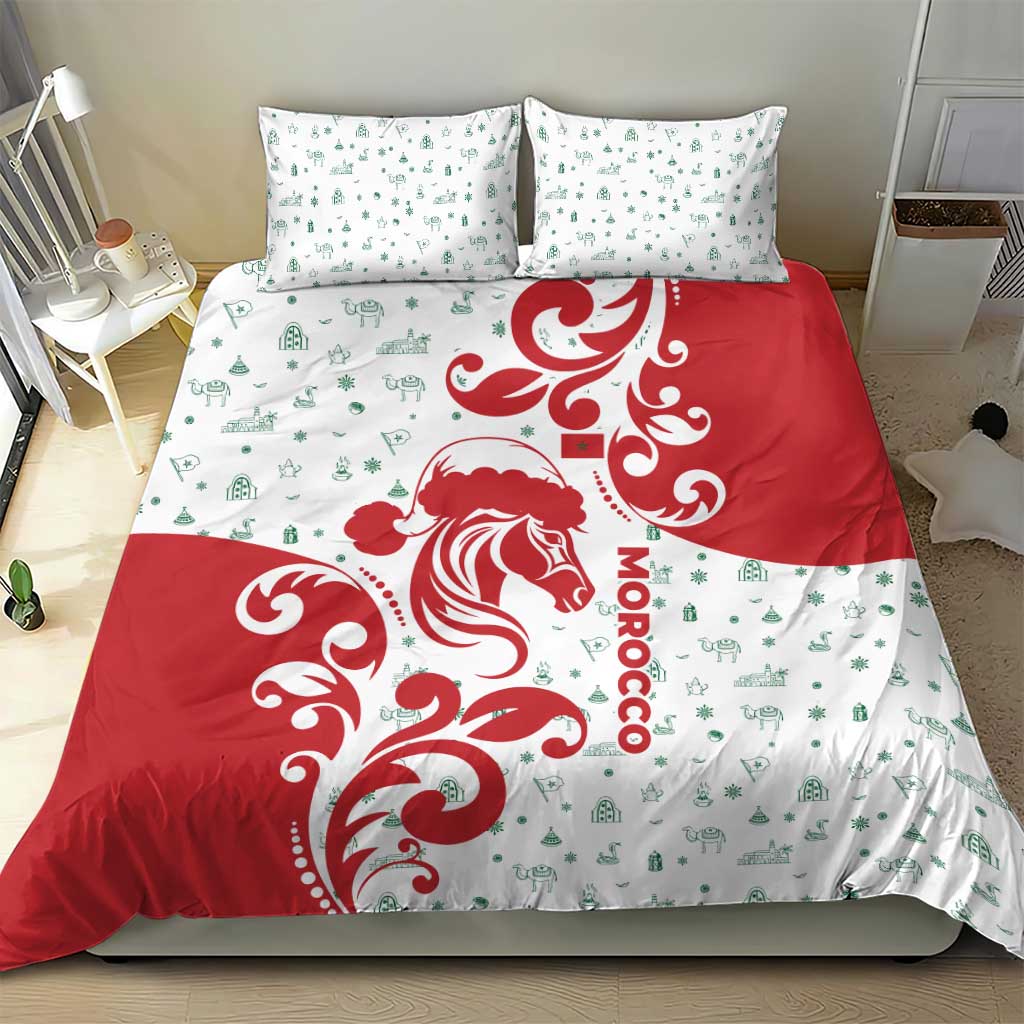 Morocco Christmas Bedding Set with Red Horse Santa Hat Arabesque Pattern and Holiday Icons Design - Wonder Print Shop