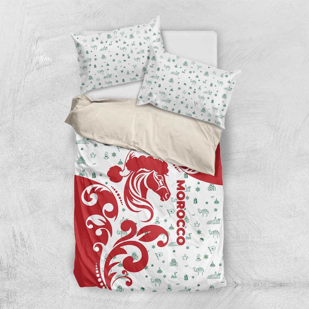 Morocco Christmas Bedding Set with Red Horse Santa Hat Arabesque Pattern and Holiday Icons Design - Wonder Print Shop