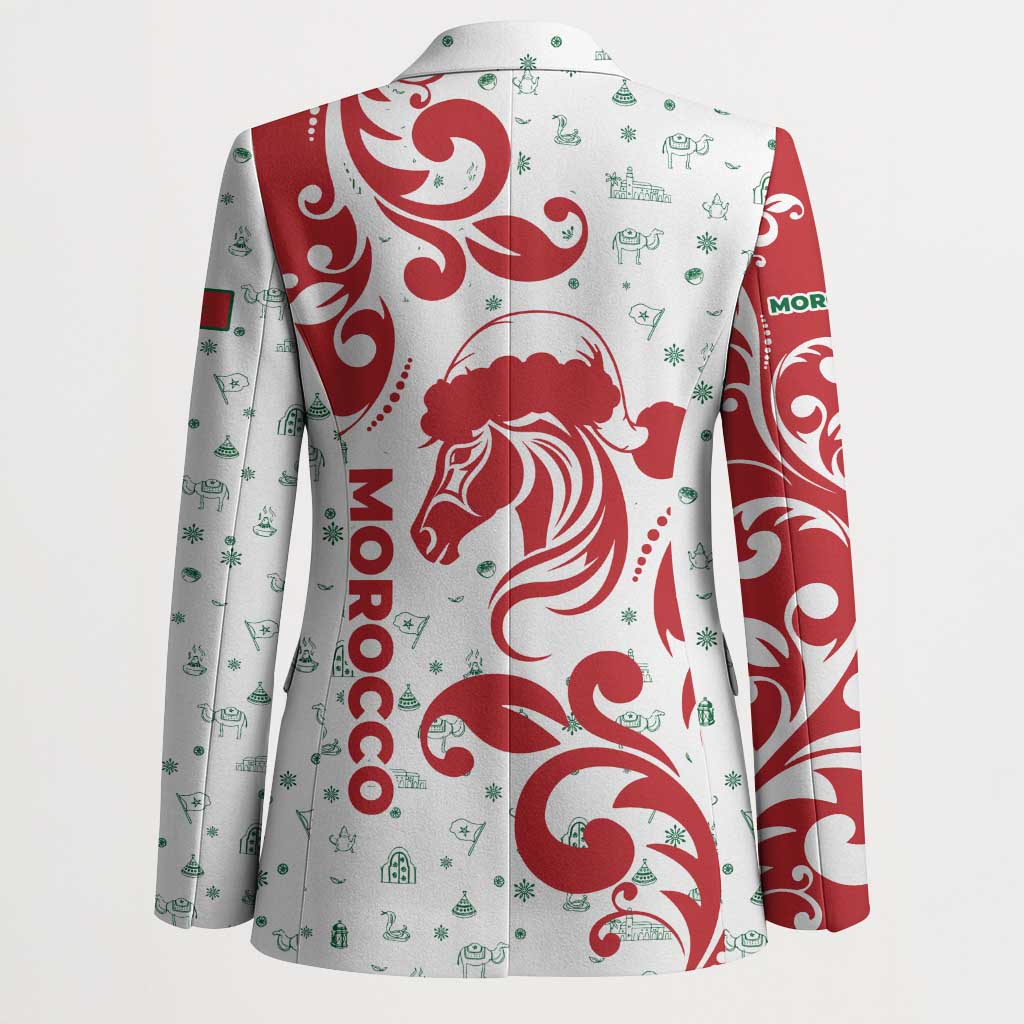 Morocco Christmas Blazer with Red Horse Santa Hat Arabesque Pattern and Holiday Icons Design - Wonder Print Shop