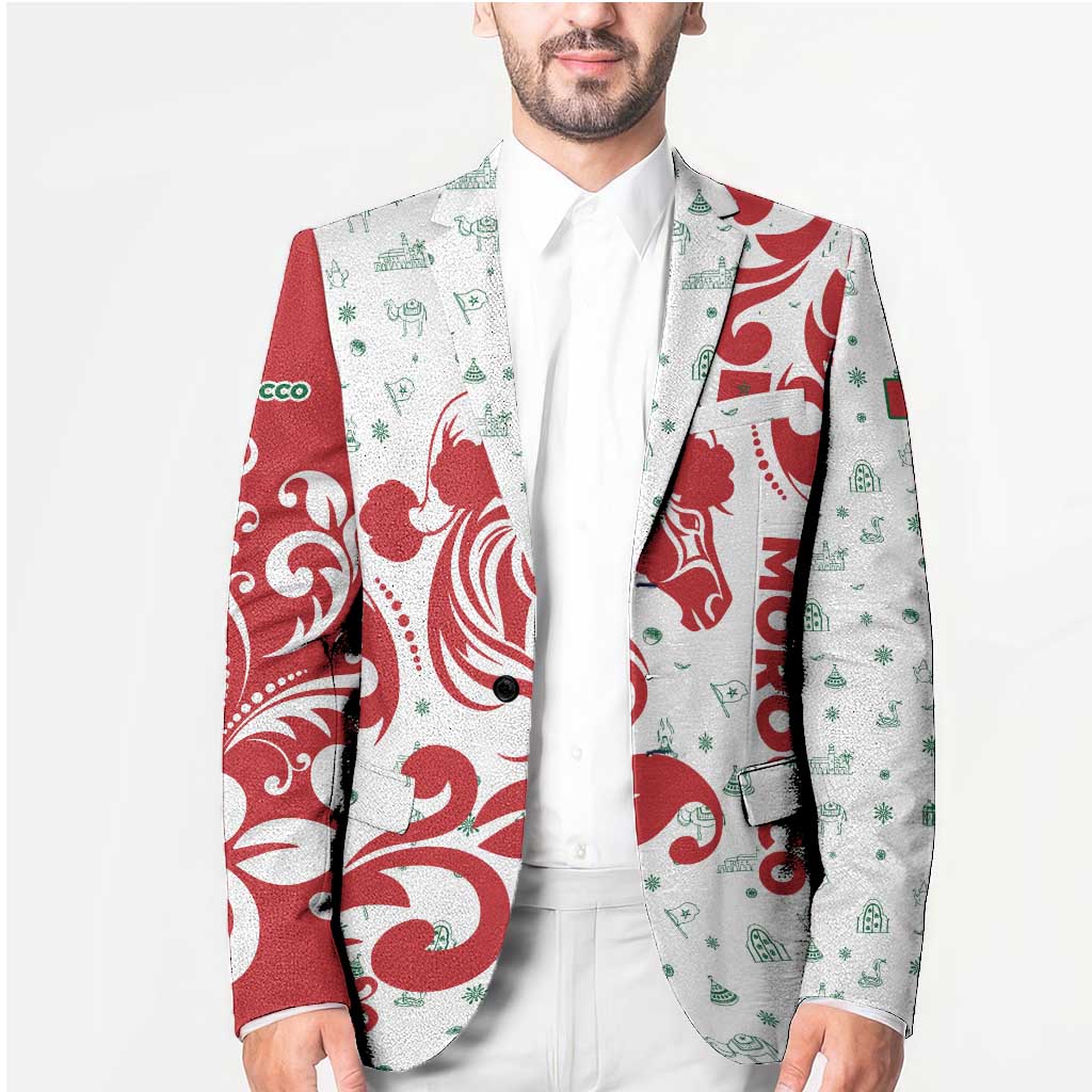 Morocco Christmas Blazer with Red Horse Santa Hat Arabesque Pattern and Holiday Icons Design - Wonder Print Shop