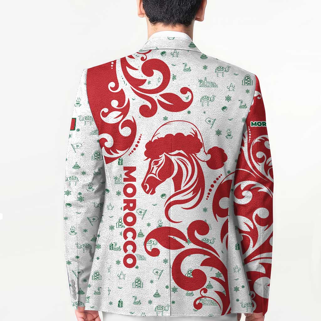 Morocco Christmas Blazer with Red Horse Santa Hat Arabesque Pattern and Holiday Icons Design - Wonder Print Shop