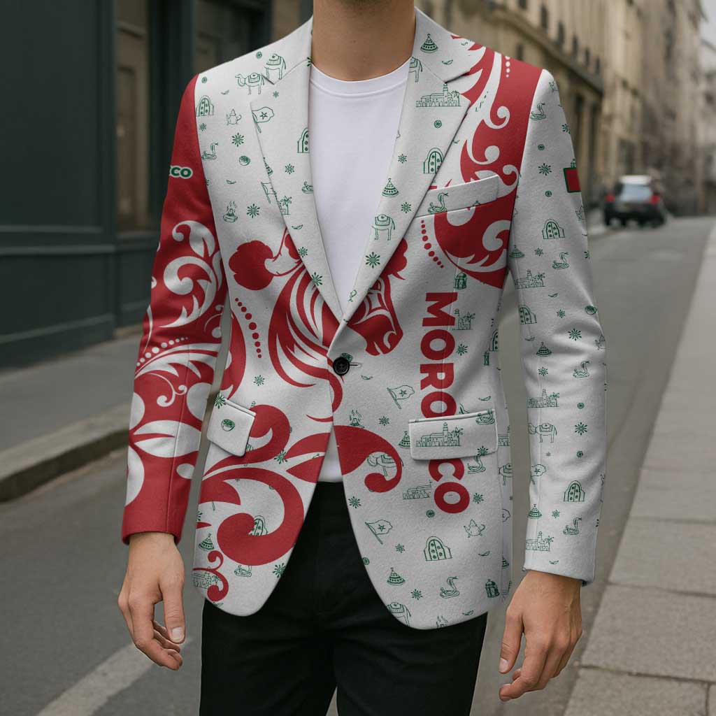Morocco Christmas Blazer with Red Horse Santa Hat Arabesque Pattern and Holiday Icons Design - Wonder Print Shop