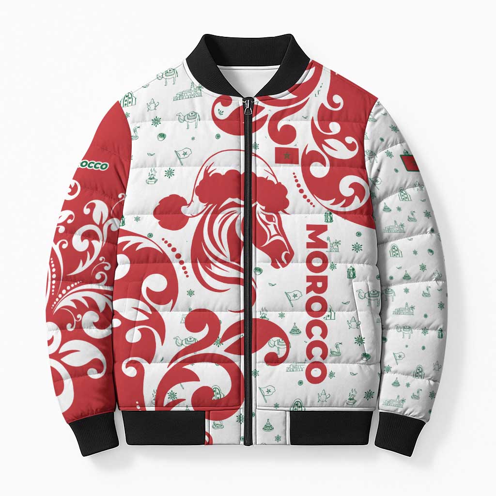Morocco Christmas Bomber Puffer Jacket with Red Horse Santa Hat Arabesque Pattern and Holiday Icons Design - Wonder Print Shop
