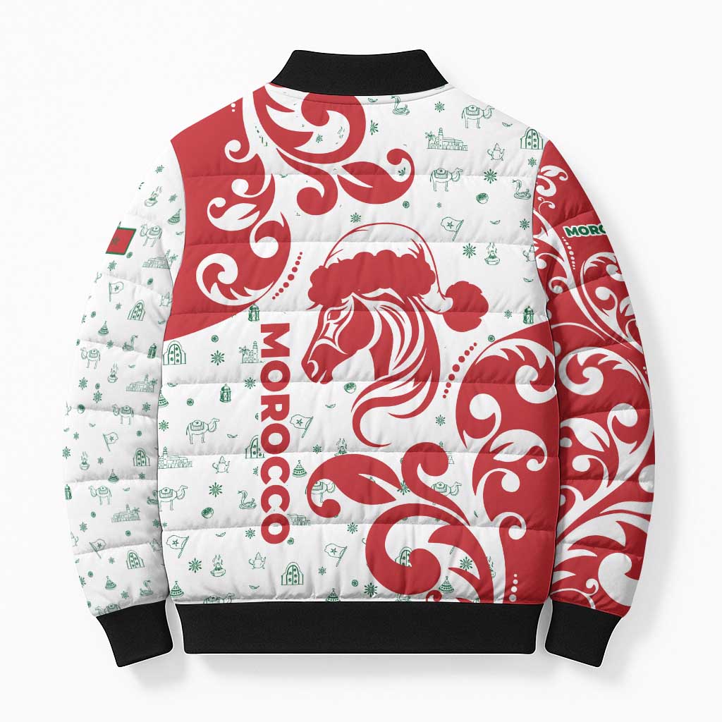 Morocco Christmas Bomber Puffer Jacket with Red Horse Santa Hat Arabesque Pattern and Holiday Icons Design - Wonder Print Shop