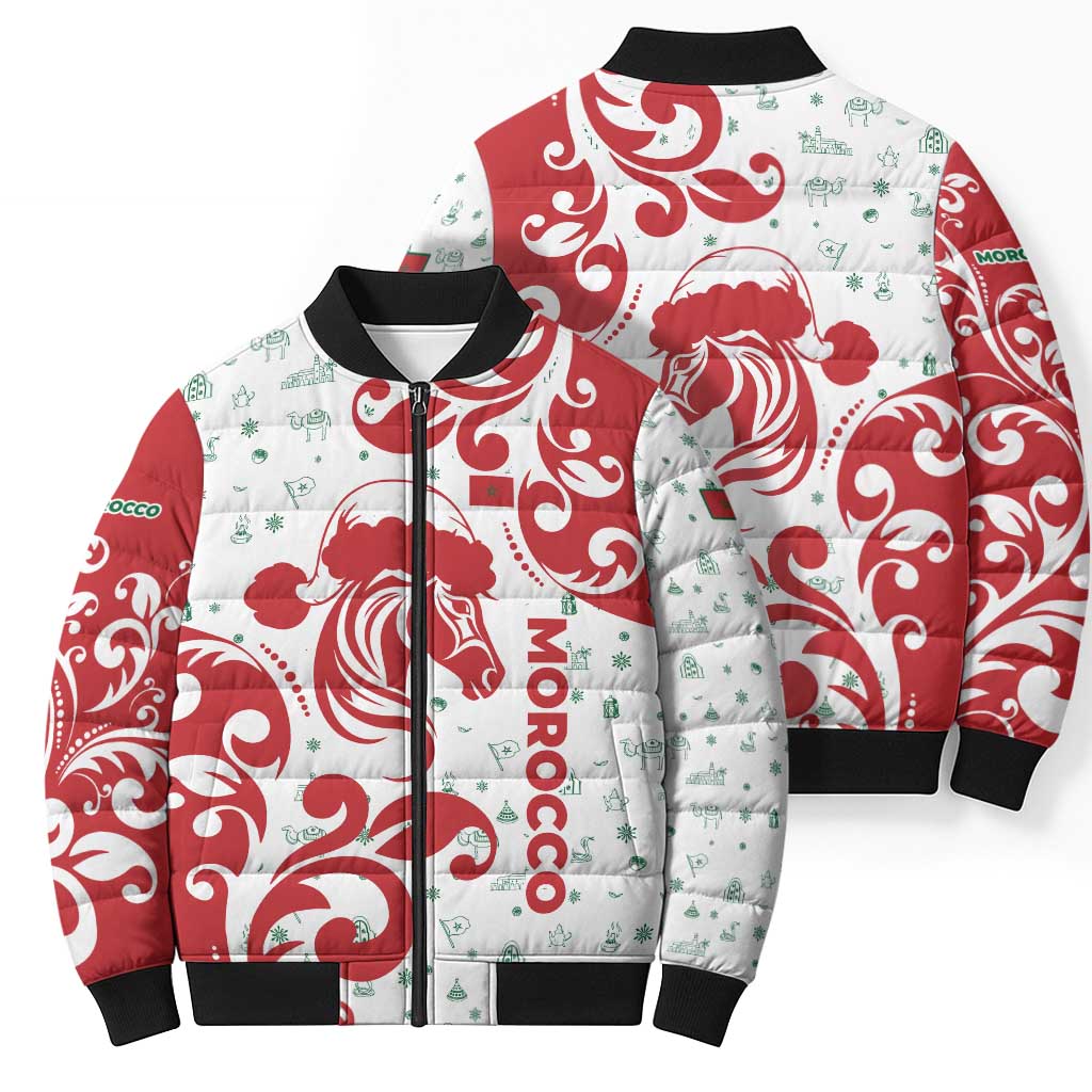 Morocco Christmas Bomber Puffer Jacket with Red Horse Santa Hat Arabesque Pattern and Holiday Icons Design - Wonder Print Shop