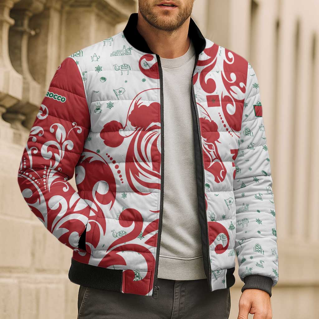 Morocco Christmas Bomber Puffer Jacket with Red Horse Santa Hat Arabesque Pattern and Holiday Icons Design - Wonder Print Shop