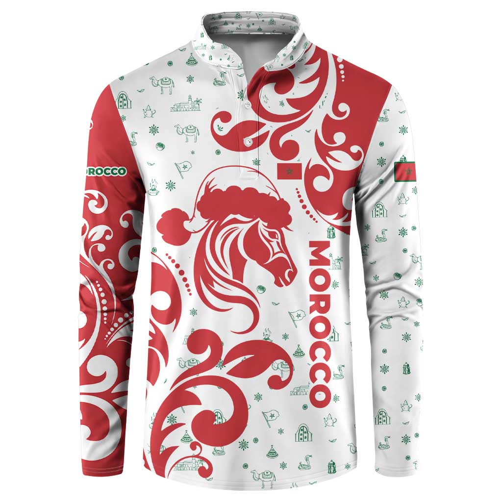 Morocco Christmas Button Sweatshirt with Red Horse Santa Hat Arabesque Pattern and Holiday Icons Design - Wonder Print Shop