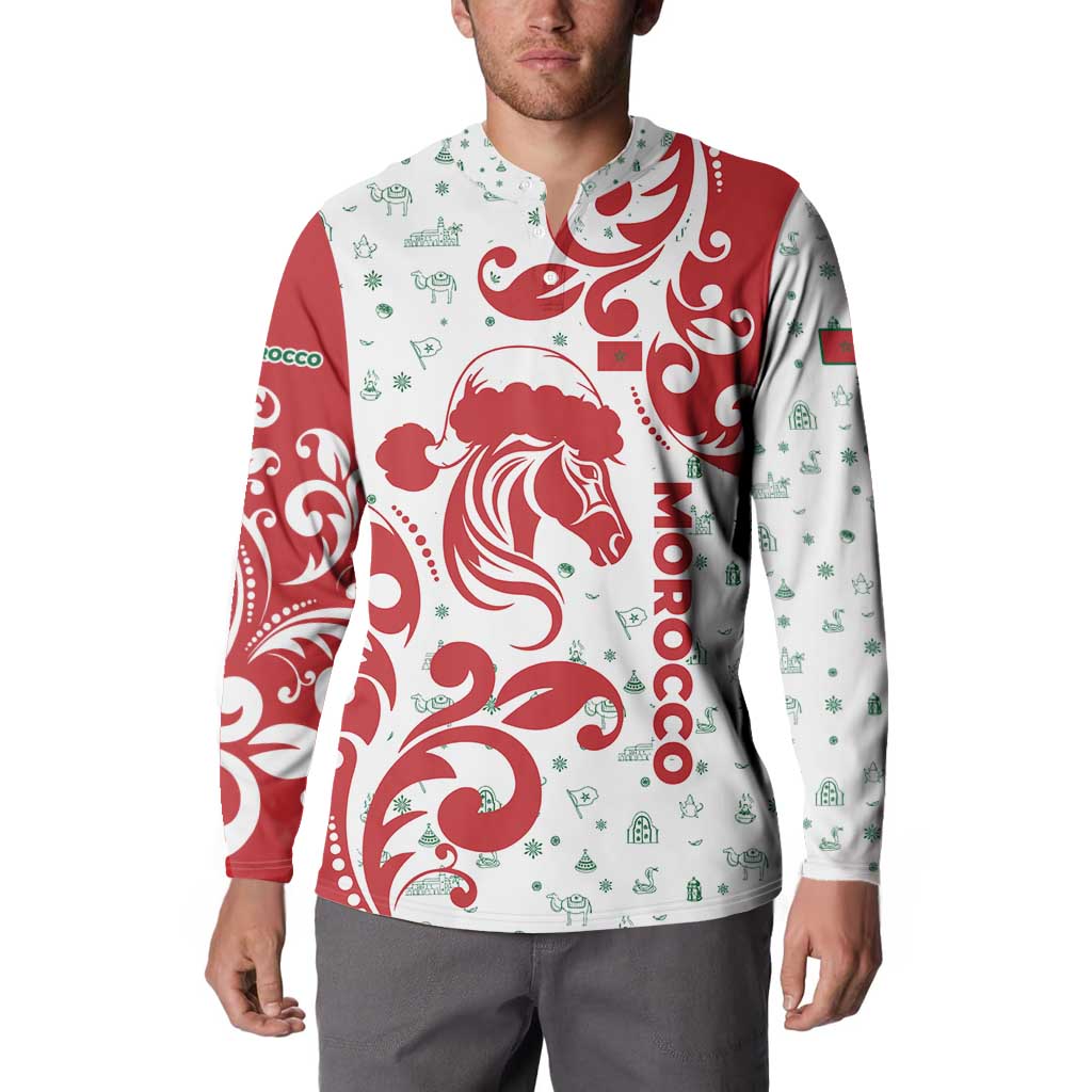 Morocco Christmas Button Sweatshirt with Red Horse Santa Hat Arabesque Pattern and Holiday Icons Design - Wonder Print Shop