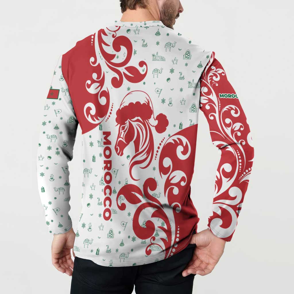 Morocco Christmas Button Sweatshirt with Red Horse Santa Hat Arabesque Pattern and Holiday Icons Design - Wonder Print Shop