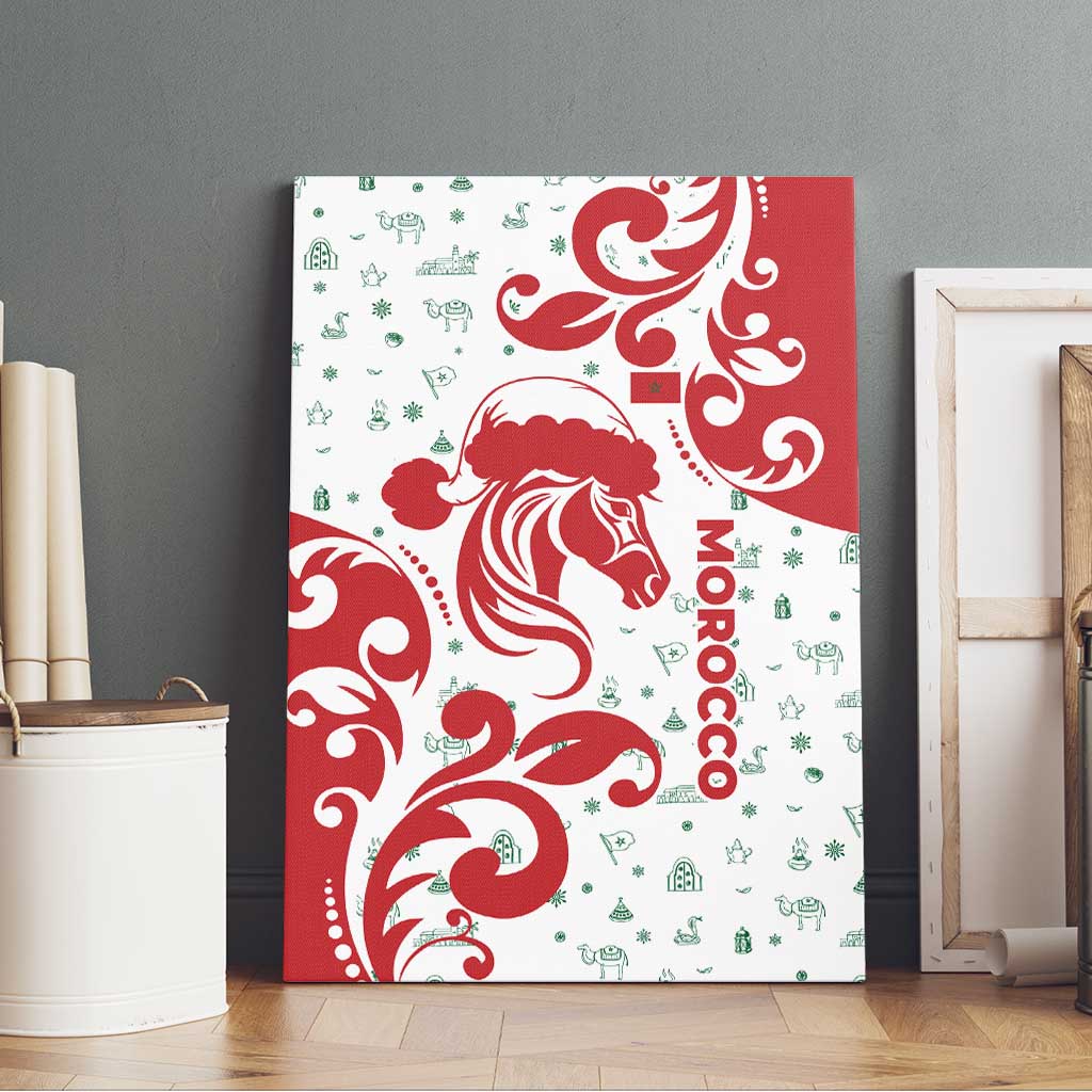 Morocco Christmas Canvas Wall Art with Red Horse Santa Hat Arabesque Pattern and Holiday Icons Design - Wonder Print Shop