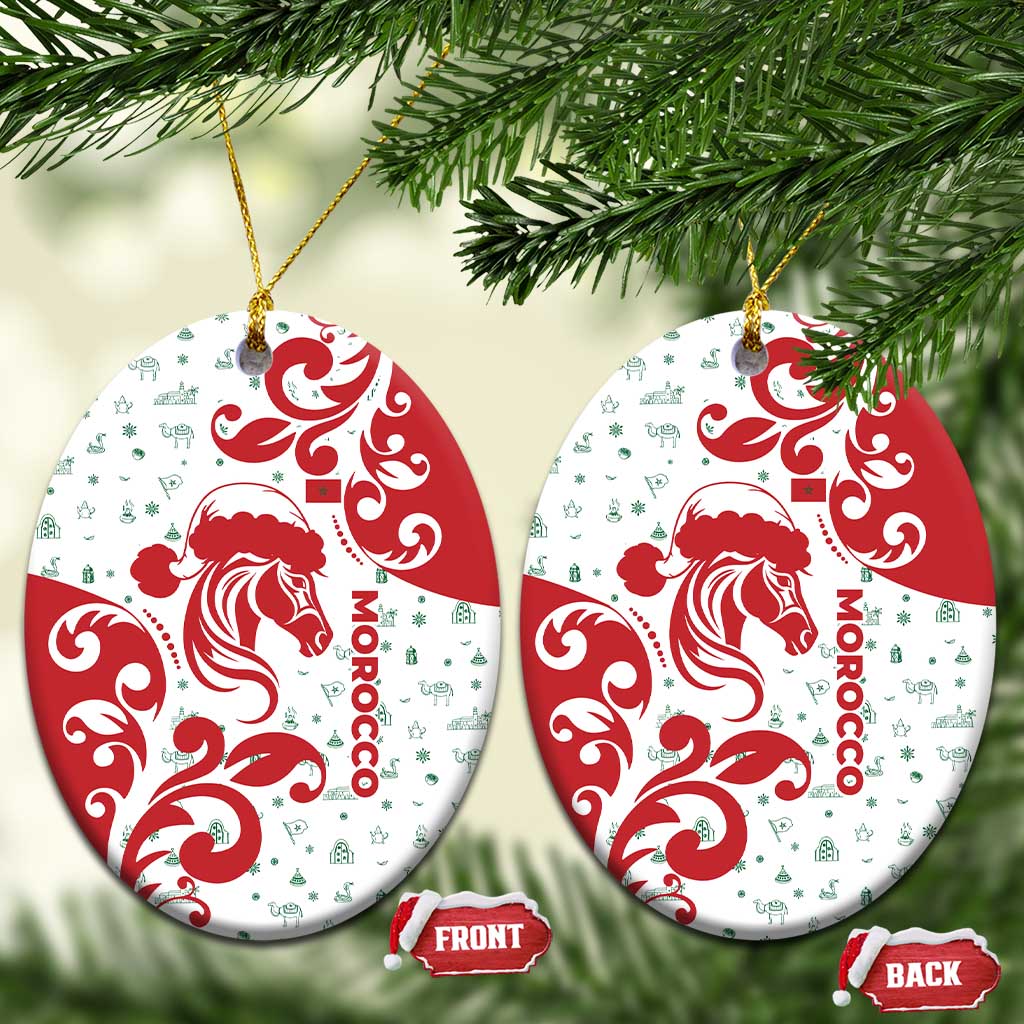 Morocco Christmas Ceramic Ornament with Red Horse Santa Hat Arabesque Pattern and Holiday Icons Design - Wonder Print Shop