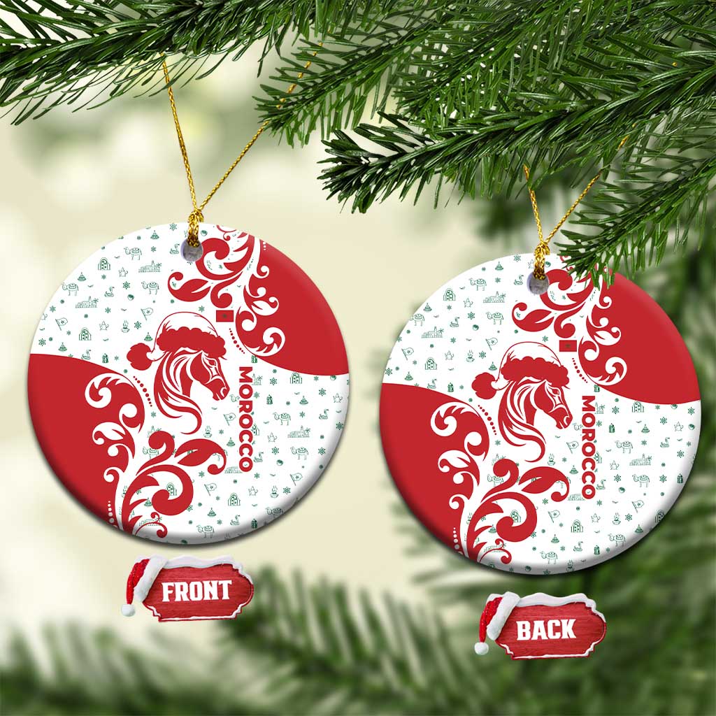 Morocco Christmas Ceramic Ornament with Red Horse Santa Hat Arabesque Pattern and Holiday Icons Design - Wonder Print Shop