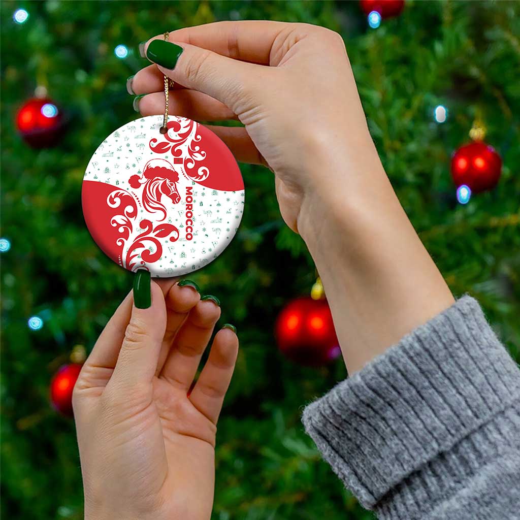 Morocco Christmas Ceramic Ornament with Red Horse Santa Hat Arabesque Pattern and Holiday Icons Design - Wonder Print Shop