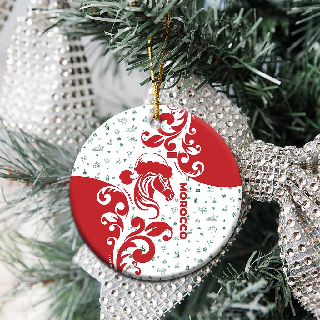 Morocco Christmas Ceramic Ornament with Red Horse Santa Hat Arabesque Pattern and Holiday Icons Design - Wonder Print Shop