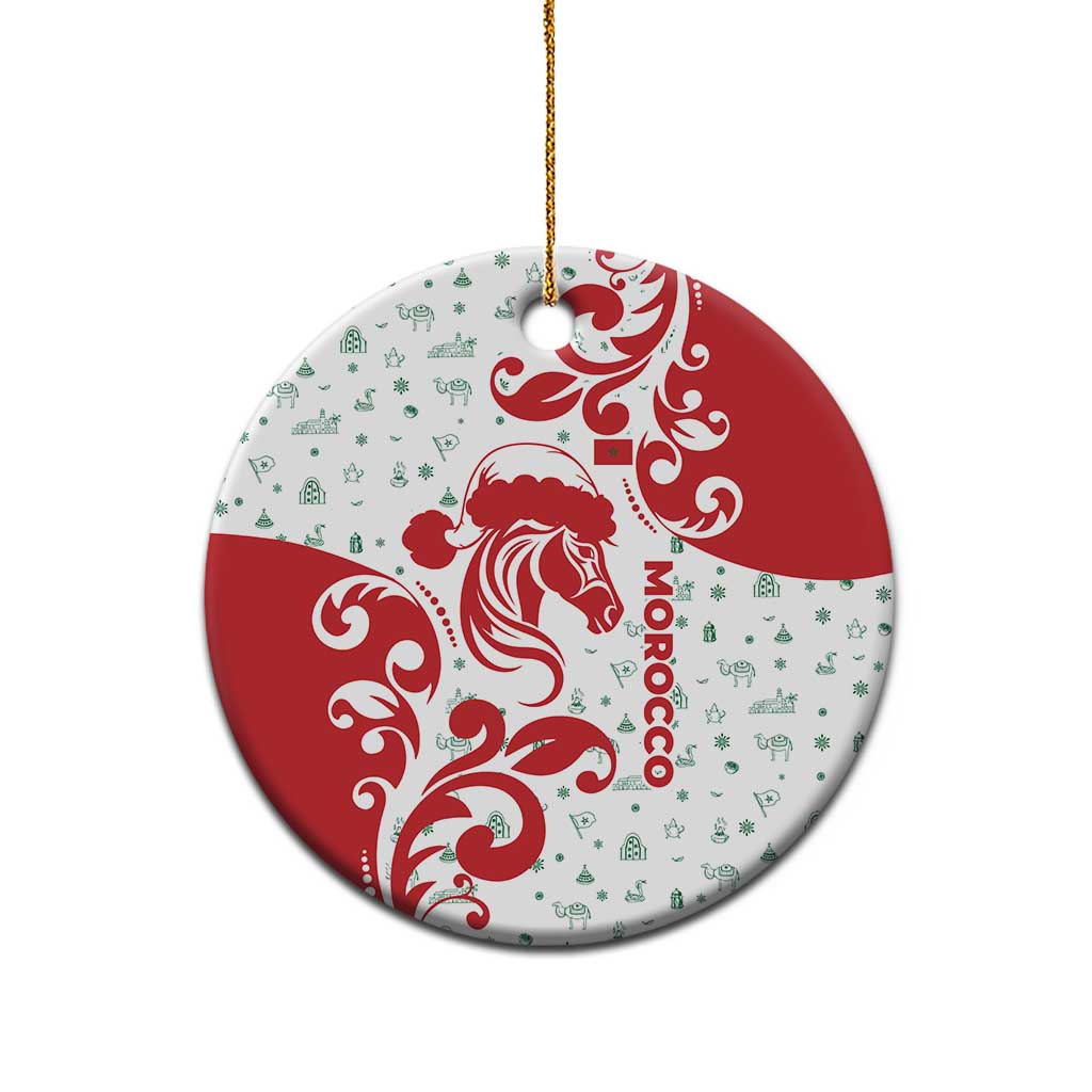 Morocco Christmas Ceramic Ornament with Red Horse Santa Hat Arabesque Pattern and Holiday Icons Design - Wonder Print Shop