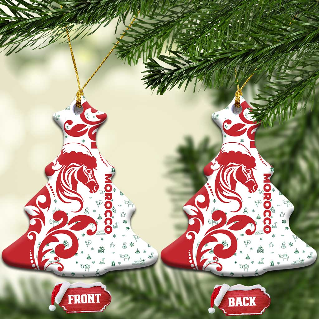 Morocco Christmas Ceramic Ornament with Red Horse Santa Hat Arabesque Pattern and Holiday Icons Design - Wonder Print Shop