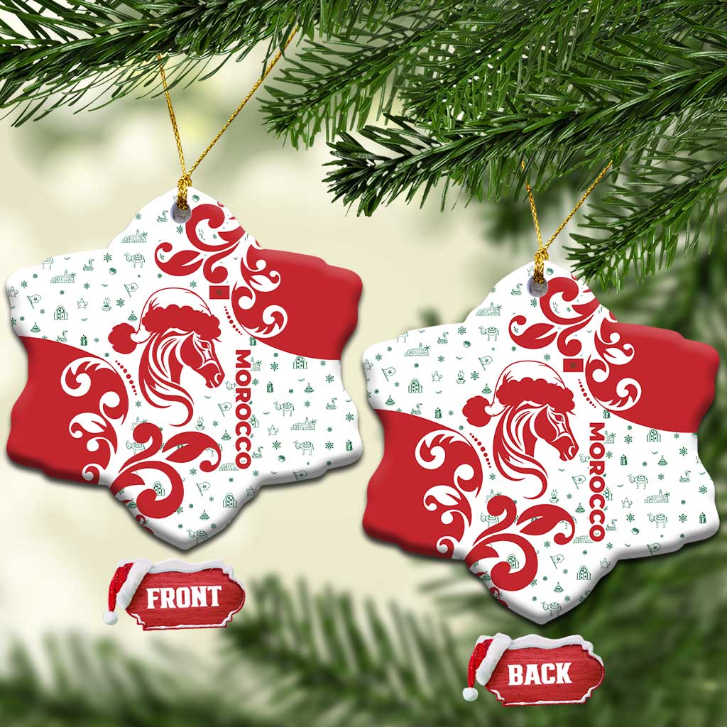 Morocco Christmas Ceramic Ornament with Red Horse Santa Hat Arabesque Pattern and Holiday Icons Design - Wonder Print Shop
