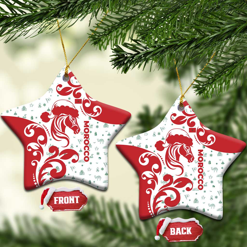 Morocco Christmas Ceramic Ornament with Red Horse Santa Hat Arabesque Pattern and Holiday Icons Design - Wonder Print Shop