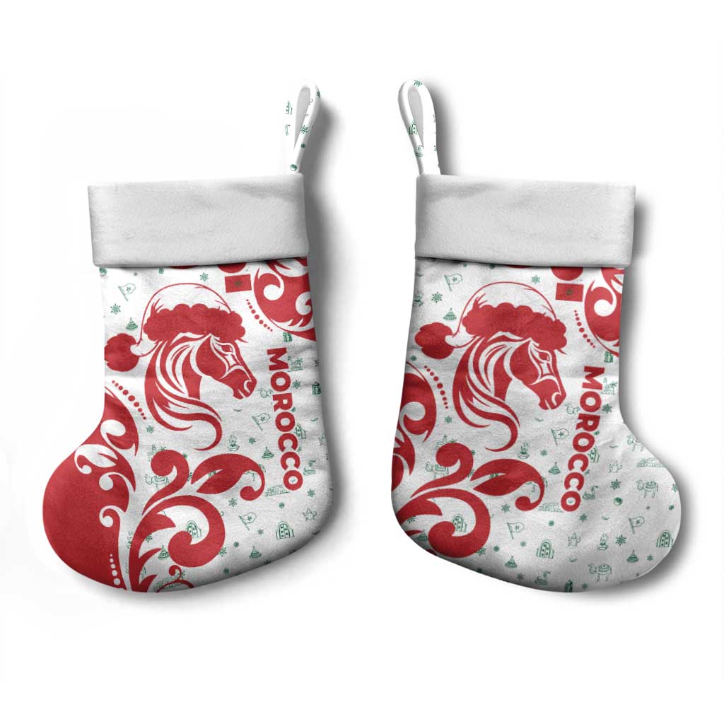 Morocco Christmas Stocking with Red Horse Santa Hat Arabesque Pattern and Holiday Icons Design - Wonder Print Shop