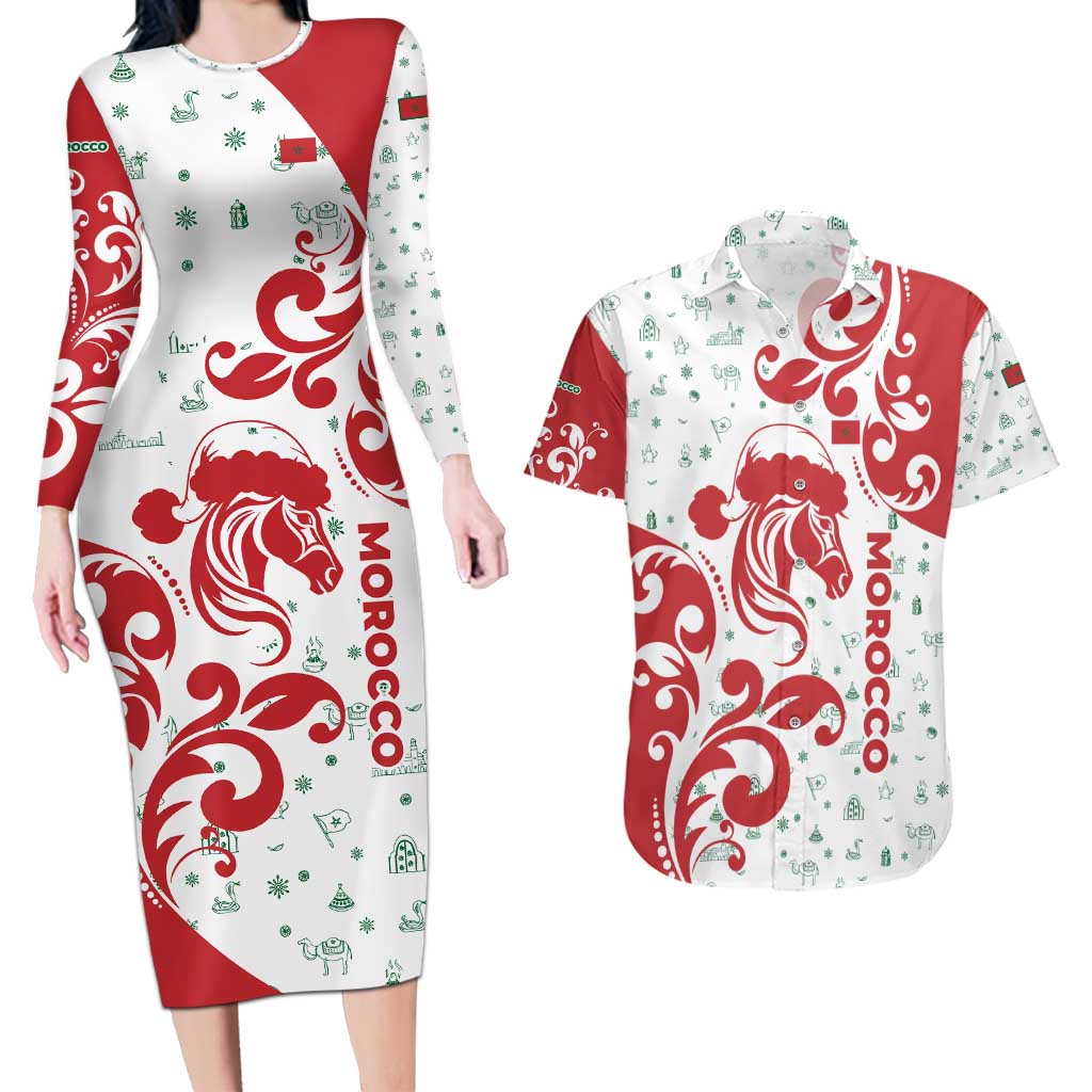 Morocco Christmas Couples Matching Long Sleeve Bodycon Dress and Hawaiian Shirt with Red Horse Santa Hat Arabesque Pattern and Holiday Icons Design - Wonder Print Shop
