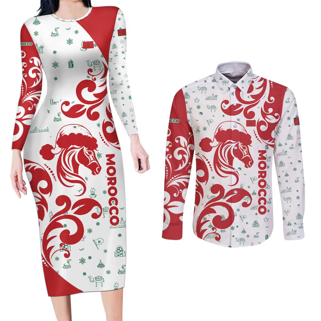 Morocco Christmas Couples Matching Long Sleeve Bodycon Dress and Long Sleeve Button Shirt with Red Horse Santa Hat Arabesque Pattern and Holiday Icons Design - Wonder Print Shop