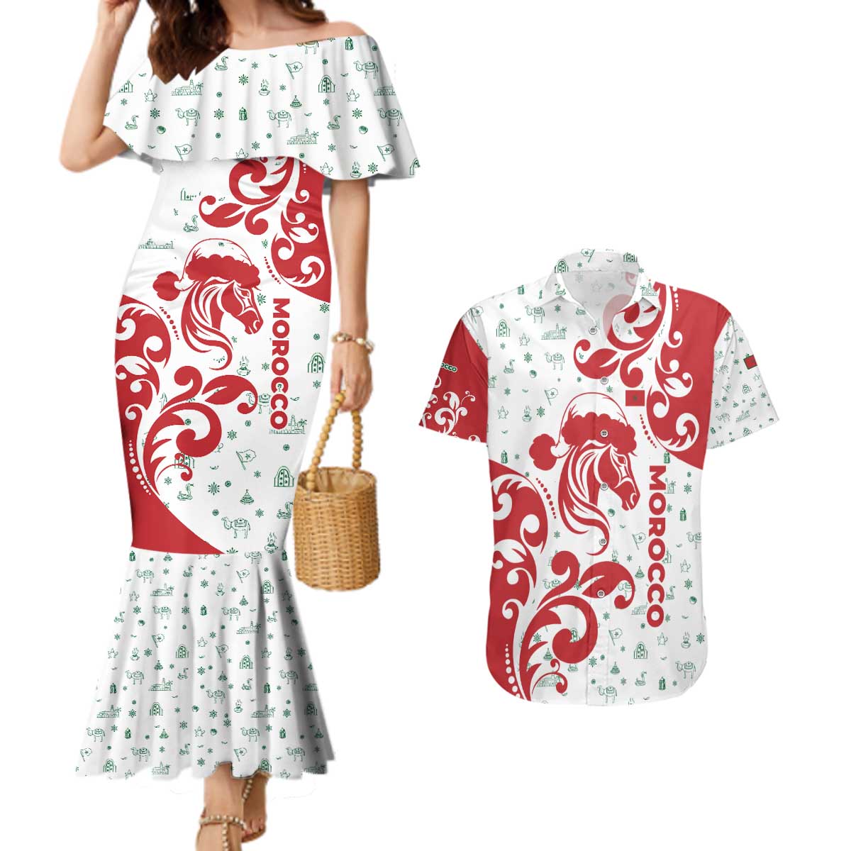 Morocco Christmas Couples Matching Mermaid Dress and Hawaiian Shirt with Red Horse Santa Hat Arabesque Pattern and Holiday Icons Design - Wonder Print Shop