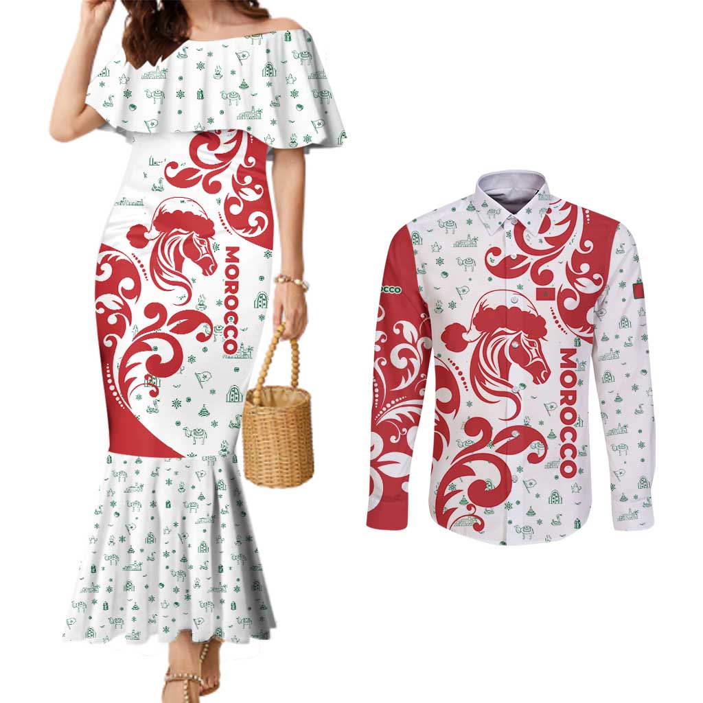 Morocco Christmas Couples Matching Mermaid Dress and Long Sleeve Button Shirt with Red Horse Santa Hat Arabesque Pattern and Holiday Icons Design - Wonder Print Shop