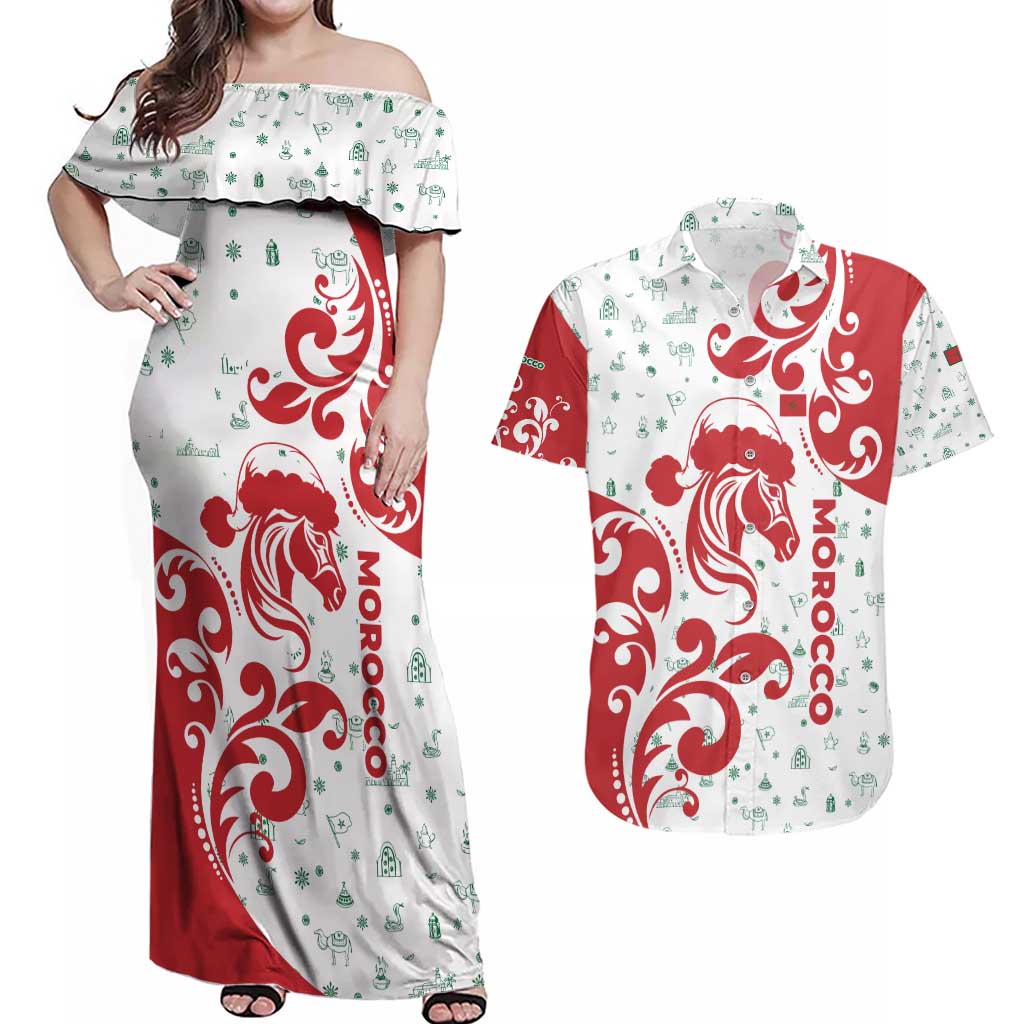 Morocco Christmas Couples Matching Off Shoulder Maxi Dress and Hawaiian Shirt with Red Horse Santa Hat Arabesque Pattern and Holiday Icons Design - Wonder Print Shop