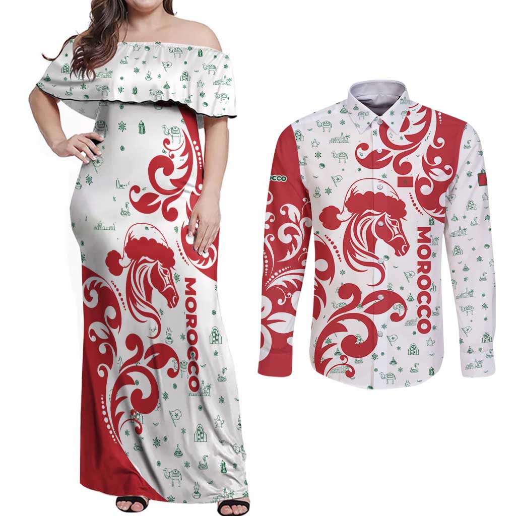 Morocco Christmas Couples Matching Off Shoulder Maxi Dress and Long Sleeve Button Shirt with Red Horse Santa Hat Arabesque Pattern and Holiday Icons Design - Wonder Print Shop