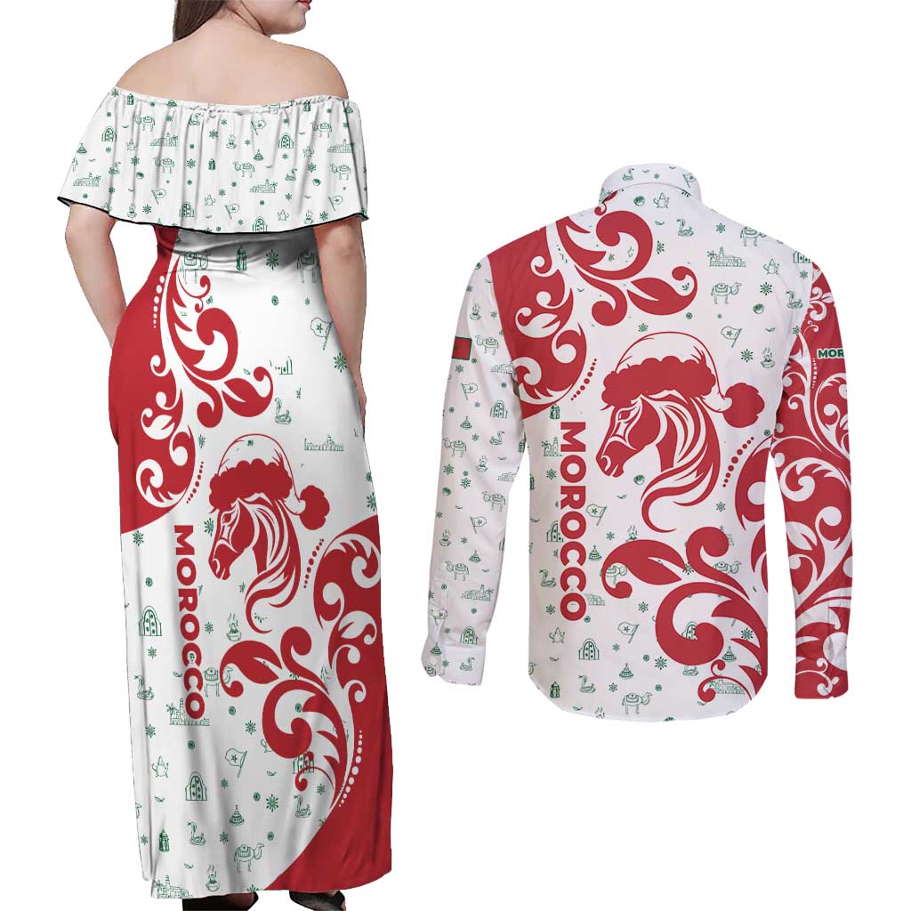 Morocco Christmas Couples Matching Off Shoulder Maxi Dress and Long Sleeve Button Shirt with Red Horse Santa Hat Arabesque Pattern and Holiday Icons Design - Wonder Print Shop
