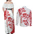 Morocco Christmas Couples Matching Off Shoulder Maxi Dress and Long Sleeve Button Shirt with Red Horse Santa Hat Arabesque Pattern and Holiday Icons Design - Wonder Print Shop
